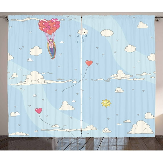 Ambesonne Unicorn Party Curtains 2 Panel Set, Balloons in Sky, 108" x 108", Pale Blue Multicolor