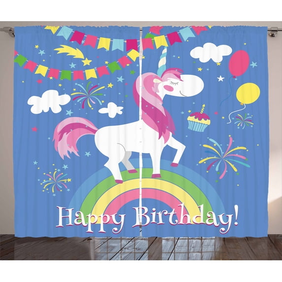 Ambesonne Unicorn Party Curtains 2 Panel Set, Birthday Cartoon, 108" x 96", Multicolor