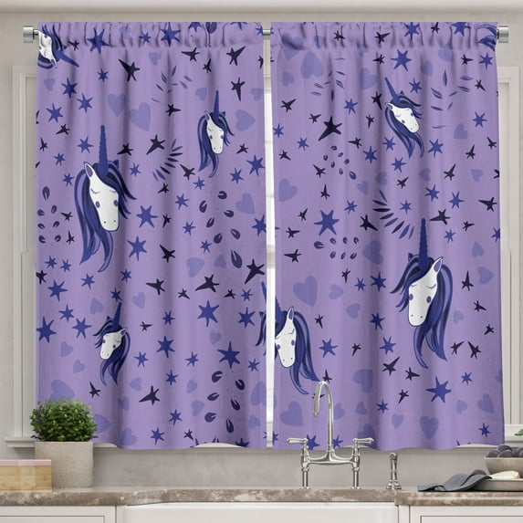 Ambesonne Unicorn Party Kitchen Curtains, Teenage Stars, 55"x39", Violet Blue Lavender