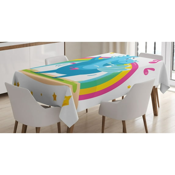 Ambesonne Unicorn Party Tablecloth Rectangular Table Cover, Cartoon Horse, 52"x70", Multicolor