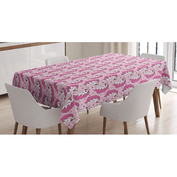 Ambesonne Unicorn Party Tablecloth Rectangular Table Cover, Girly Animals, 60"x84", Pink White and Yellow