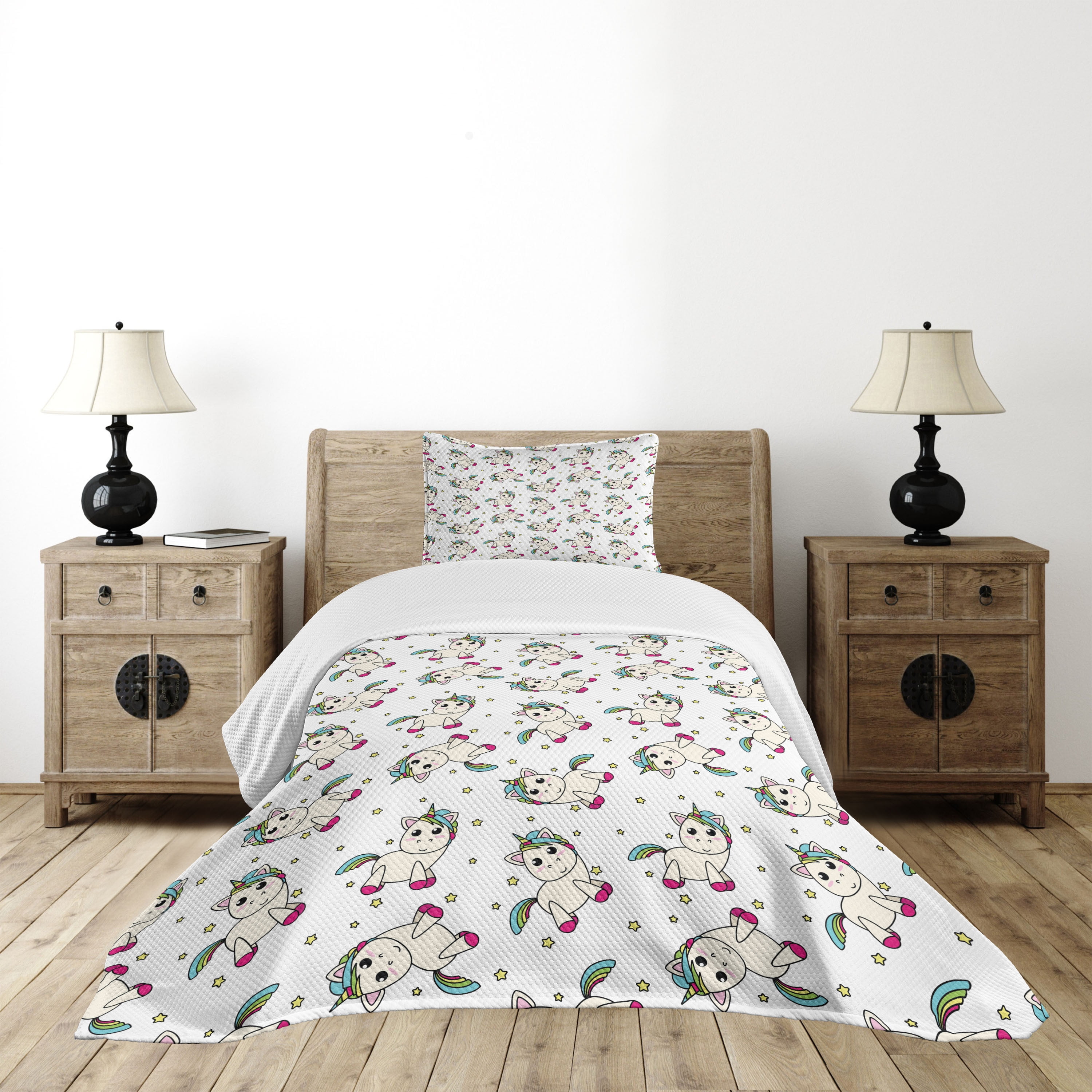 White Quilted Unicorn Twin Bedspread Set with Pillow Sham