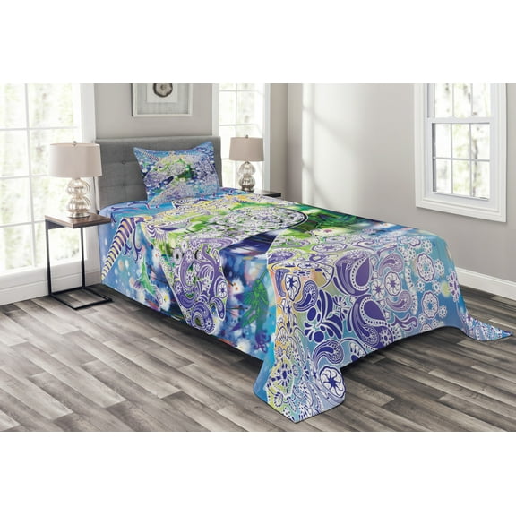 Ambesonne Unicorn Quilted Bedspread Set 2 Pcs, Myhtical Horse Ornate, Twin Size, Multicolor