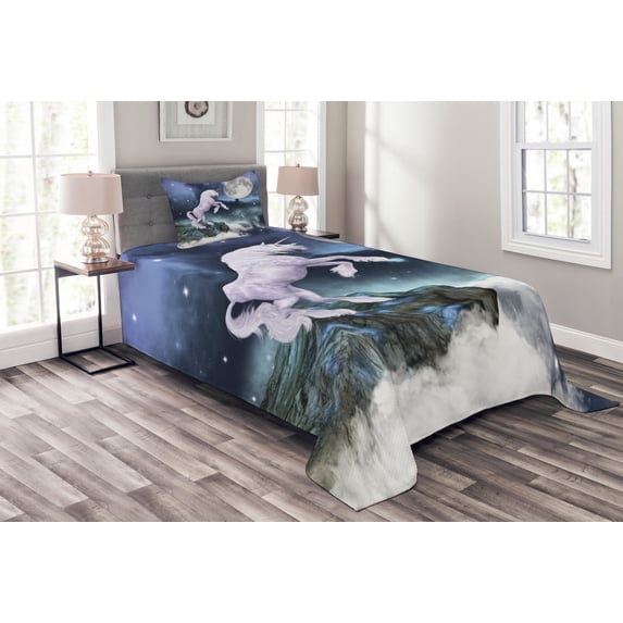 Ambesonne Unicorn Quilted Bedspread Set 2 Pcs, Rock up Cliffs Image, Twin Size, Lilac Blue