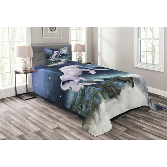 Ambesonne Unicorn Quilted Bedspread Set 2 Pcs, Rock up Cliffs Image, Twin Size, Lilac Blue
