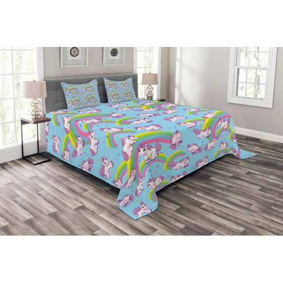 Ambesonne Unicorn Quilted Bedspread Set 3 Pcs, Cartoon, Queen Size, Multicolor