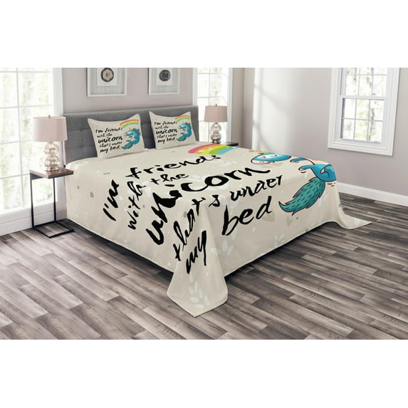 Ambesonne Unicorn Quilted Bedspread Set 3 Pcs, Dreamer Pony, King Size, Cream Blue Black