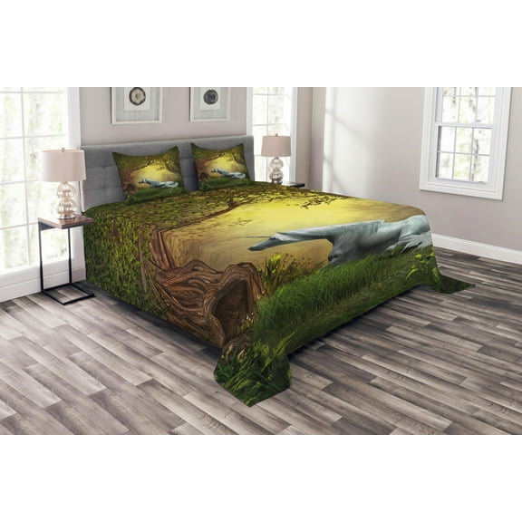 Ambesonne Unicorn Quilted Bedspread Set 3 Pcs, Fantasy Forest, King Size, Green White