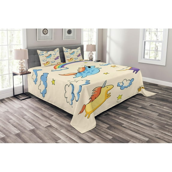 Ambesonne Unicorn Quilted Bedspread Set 3 Pcs, Pastel Flying Pony Art, Queen Size, Multicolor