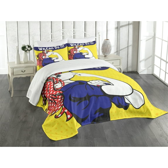 Ambesonne Unicorn Quilted Bedspread Set 3 Pcs, Unicorn with Polka Dot, Queen Size, Multicolor