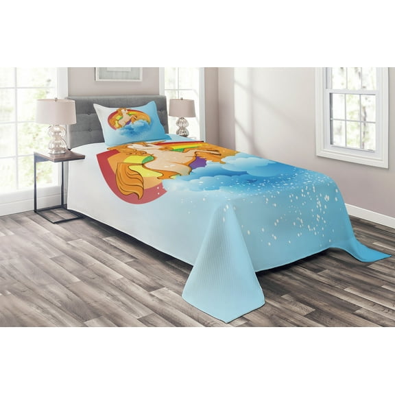 Ambesonne Unicorn Quilted Coverlet 2 Pcs, Cartoon Rainbow, Twin Size, Multicolor
