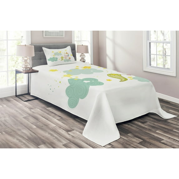 Ambesonne Unicorn Quilted Coverlet 2 Pcs, Unicorn Fairies Print, Twin Size, Yellow Green