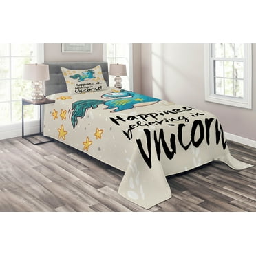 Ambesonne Unicorn Quilted Coverlet 2 Pcs, Words Happiness, Twin Size, Yellow Blue