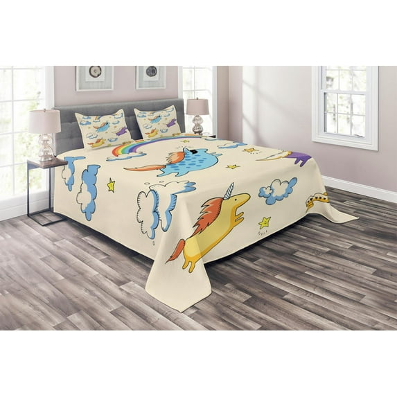 Ambesonne Unicorn Quilted Coverlet 3 Pcs, Pastel Flying Pony Art, Queen Size, Multicolor