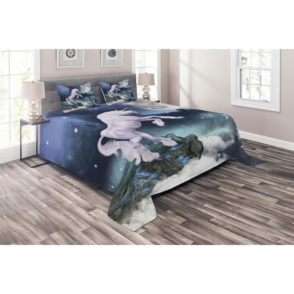 Ambesonne Unicorn Quilted Coverlet 3 Pcs, Rock up Cliffs Image, Queen Size, Lilac Blue