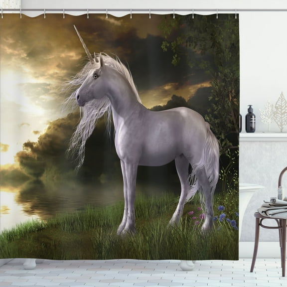 Ambesonne Unicorn Shower Curtain, Horse Watching the Sunset, 69"Wx84"L, Pearl and Army Green