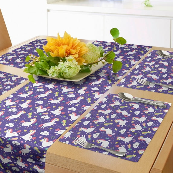 Ambesonne Unicorn Table Runner & Placemats, Theme Rainbow Cloud, Placemat 4 pcs + Runner 12"x90", Dark Indigo and Multicolor