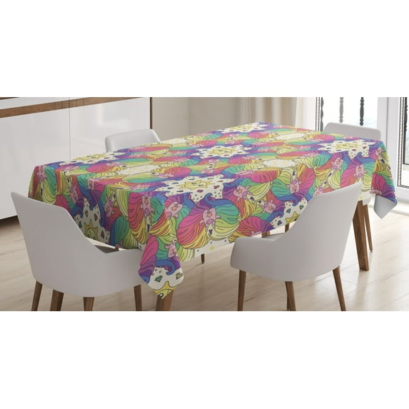 Ambesonne Unicorn Tablecloth Rectangular Table Cover, Rainbow Hearts Sun, 52"x70", Multicolor