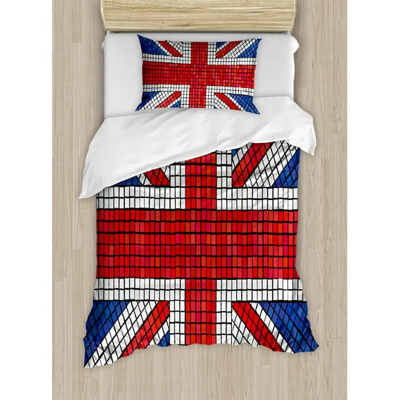 Ambesonne Union Jack Duvet Cover Set, Mosaic British Flag, Twin, Royal Blue Red White