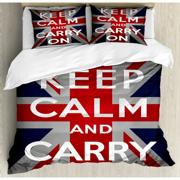 Ambesonne Union Jack Duvet Cover Set, Words Crown UK Flag, 2-Calking, Navy Blue Red White