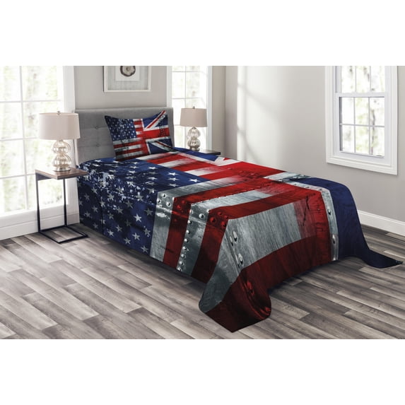 Ambesonne Union Jack Quilted Bedspread Set 2 Pcs, UK and USA Flags Design, Twin Size, Navy Blue White Red