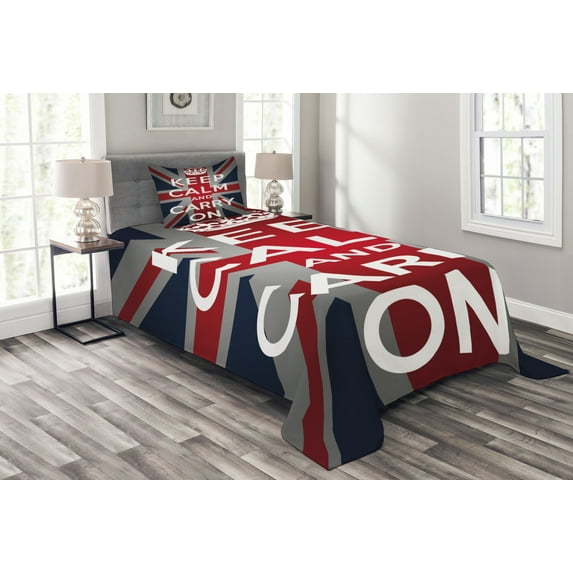 Ambesonne Union Jack Quilted Bedspread Set 2 Pcs, Words Crown UK Flag, Twin Size, Navy Blue Red White