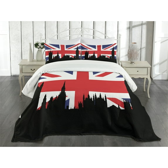 Ambesonne Union Jack Quilted Bedspread Set 3 Pcs, Historic Urban UK, King Size, Royal Blue Black Red