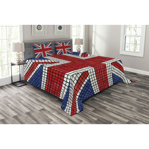 Ambesonne Union Jack Quilted Bedspread Set 3 Pcs, Mosaic British Flag, King Size, Royal Blue Red White