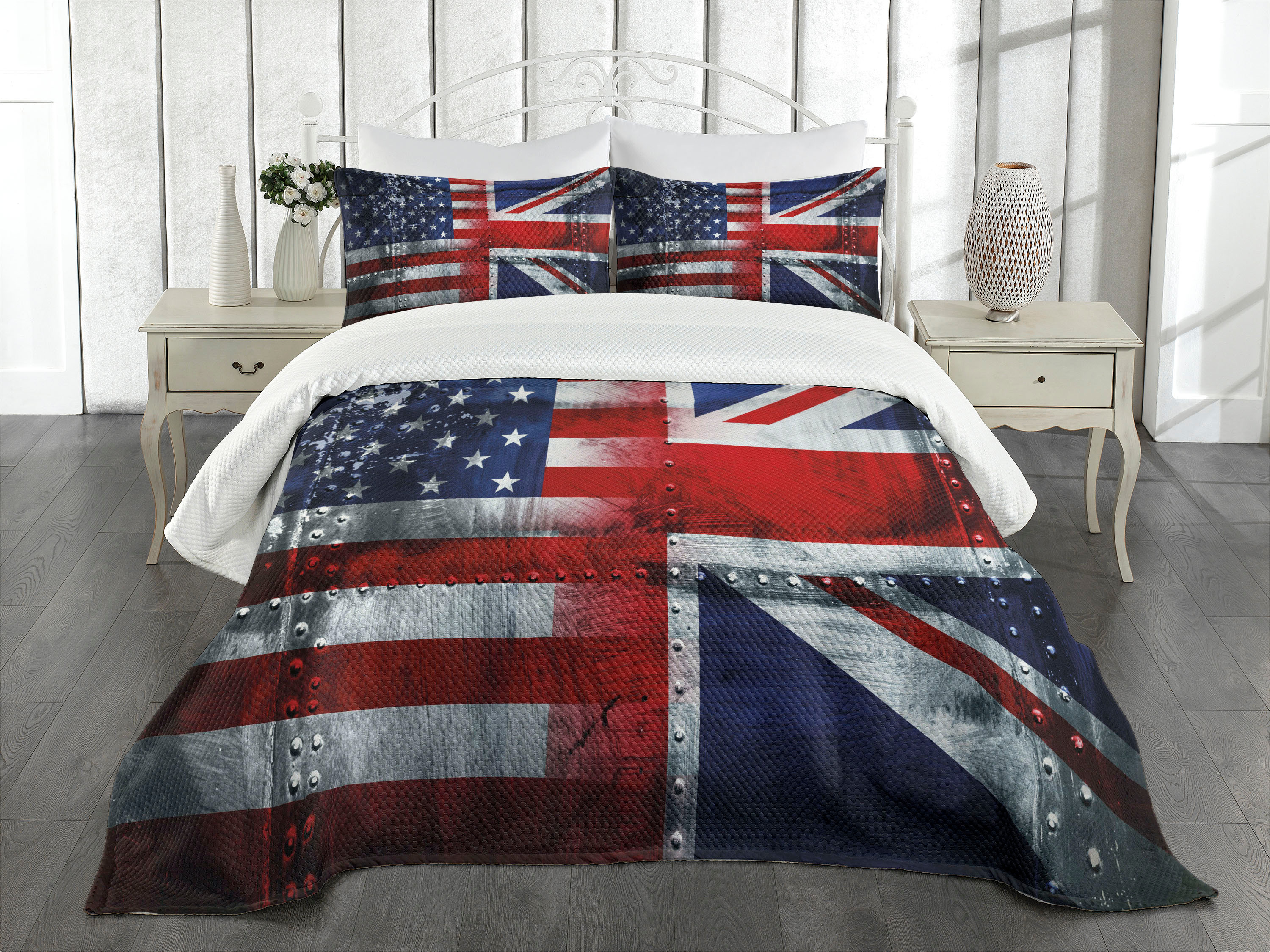 Ambesonne Union Jack Quilted Bedspread Set 3 Pcs, UK and USA Flags