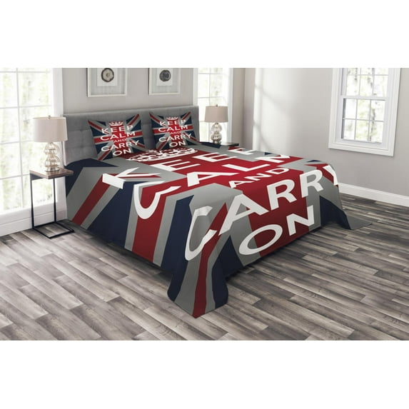 Ambesonne Union Jack Quilted Bedspread Set 3 Pcs, Words Crown UK Flag, Queen Size, Navy Blue Red White