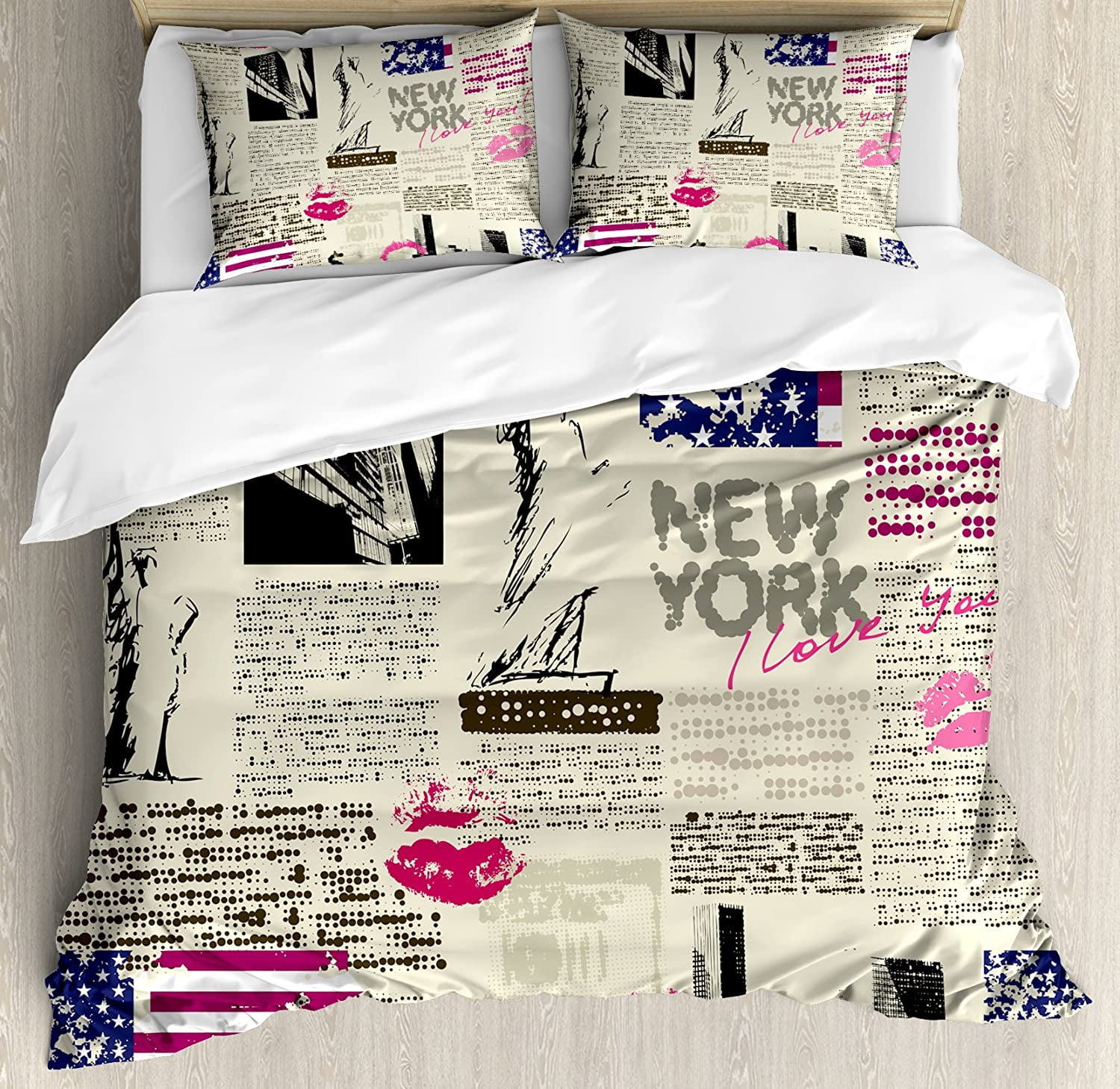 Beige New York Print Microfiber Queen Duvet Cover Set