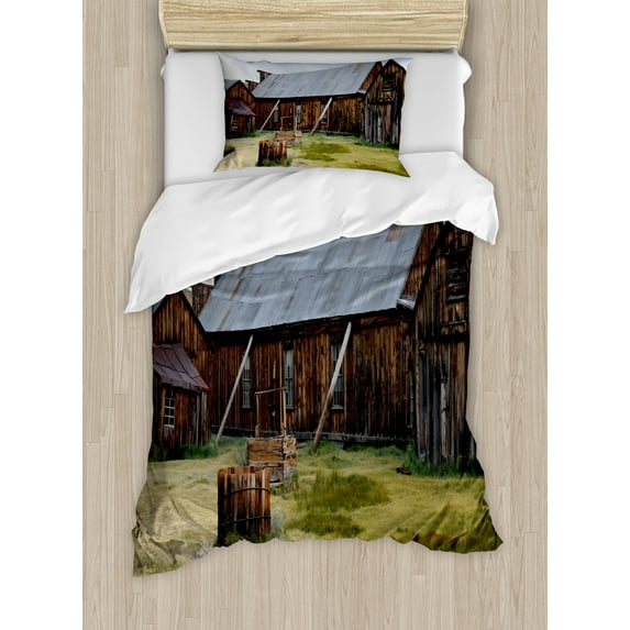 Ambesonne United States Duvet Cover Sets, California Barn, 2-Twin, Olive Green Purple Grey