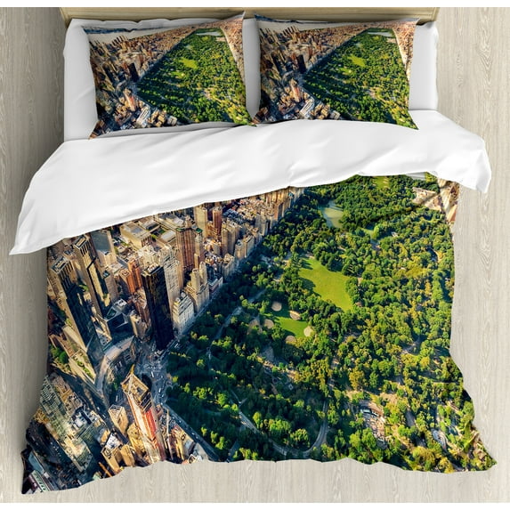 Ambesonne United States Duvet Cover Sets, Central Park View, 2-King, Fern Green Sand Brown