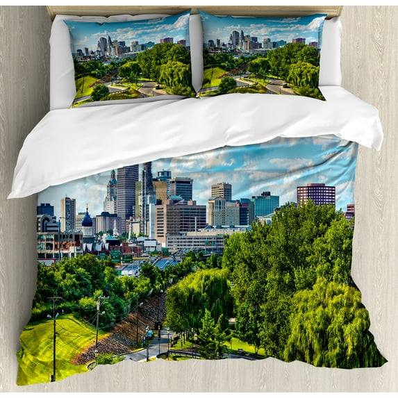 Ambesonne United States Duvet Cover Sets, Hartford Aerial, 2-Queen, Sky Blue Green Grey