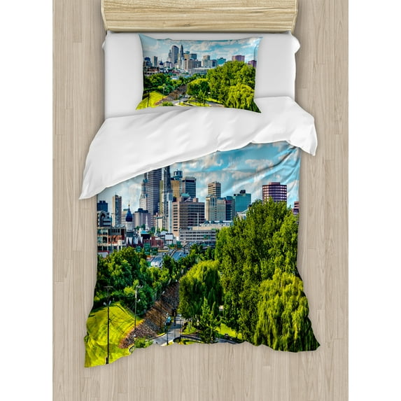 Ambesonne United States Duvet Cover Sets, Hartford Aerial, 2-Twin, Sky Blue Green Grey