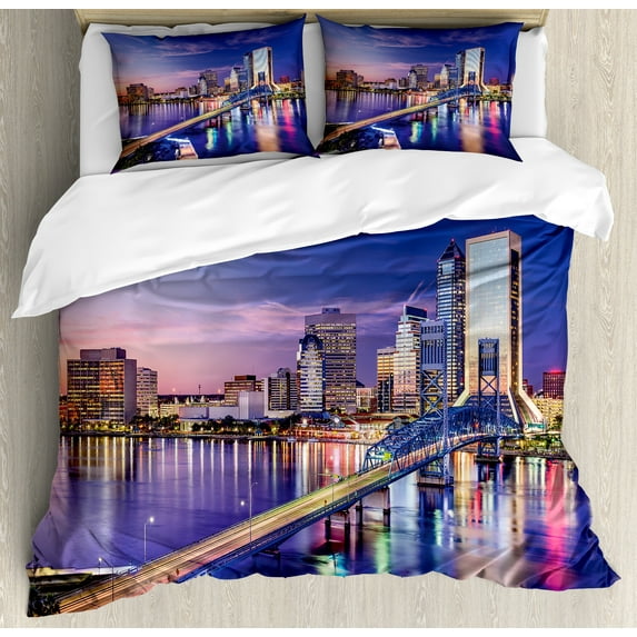 Ambesonne United States Duvet Cover Sets, Jacksonville City, 2-King, Royal Blue Pale Pink