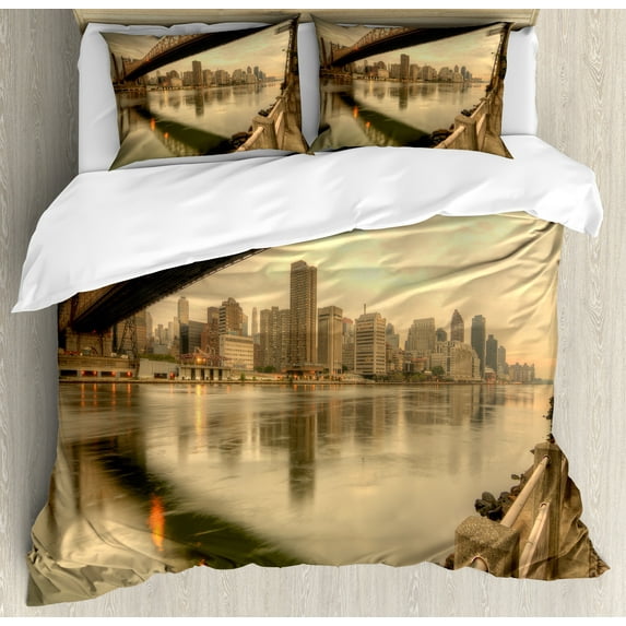 Ambesonne United States Duvet Cover Sets, Queenboro Bridge, 2-Queen, Tan Eggshell