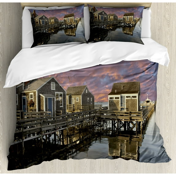 Ambesonne United States Duvet Cover Sets, Sunset Nantucket, 2-Queen, Coral Blue Sepia