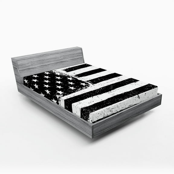 Ambesonne United States Fitted Sheet, Black and White Flag, King Size, Black White