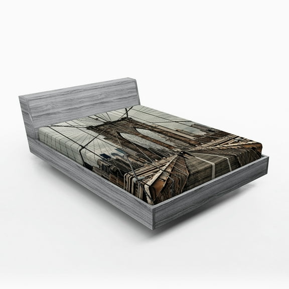 Ambesonne United States Fitted Sheet, Brooklyn Bridge Sight, Queen Size, Beige Brown