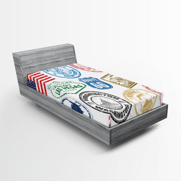 Ambesonne United States Fitted Sheet, Grunge Stamps, Twin XL Size, Multicolor