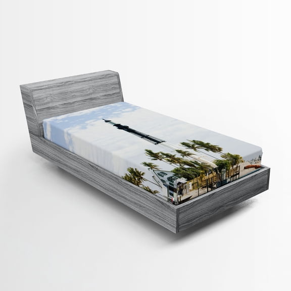 Ambesonne United States Fitted Sheet, Lighthouse Palms, Twin Size, Blue White Green