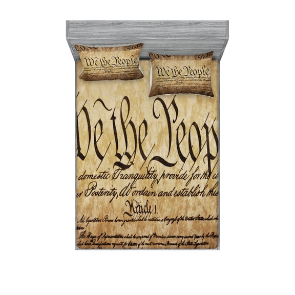 Ambesonne United States Fitted Sheet & Pillow Sham Set, Constitution Text, Full, Pale Brown