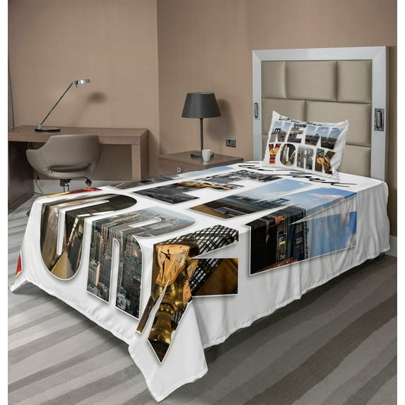 Ambesonne United States Fitted & Top Sheet Set with Sham, New York Collage, Multicolor