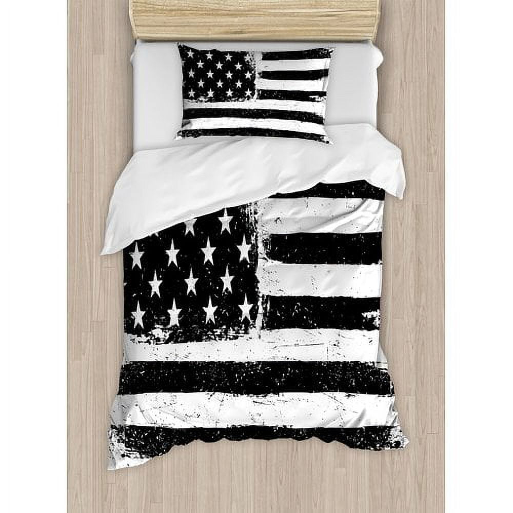 Twin Black and White American Flag Duvet Cover Set