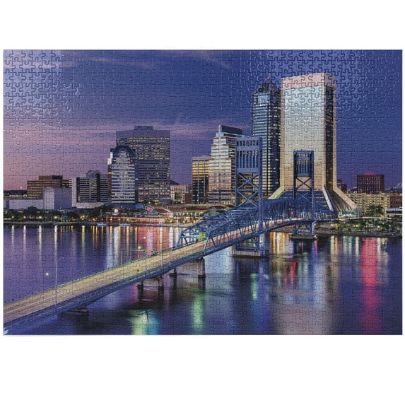 Ambesonne United States Jigsaw Puzzle Durable Cardboard, Florida Bridge, 1000 pcs, Pink Apple Green