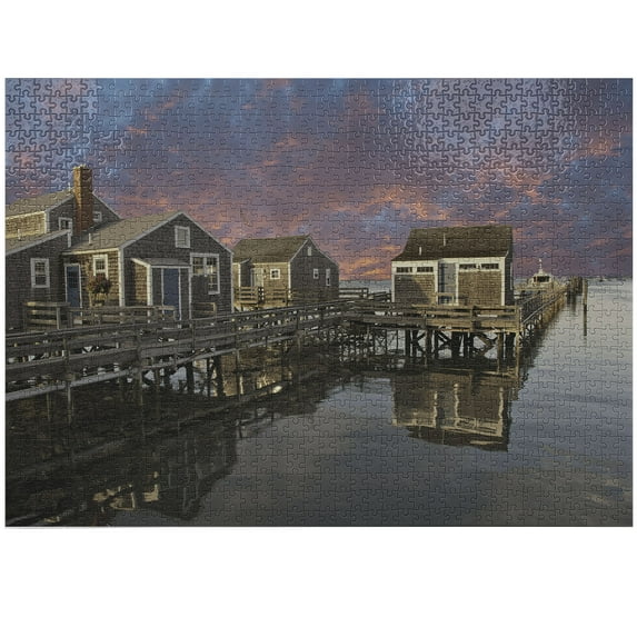 Ambesonne United States Jigsaw Puzzle Durable Cardboard, Sunset Nantucket, 1000 pcs, Coral Blue Sepia