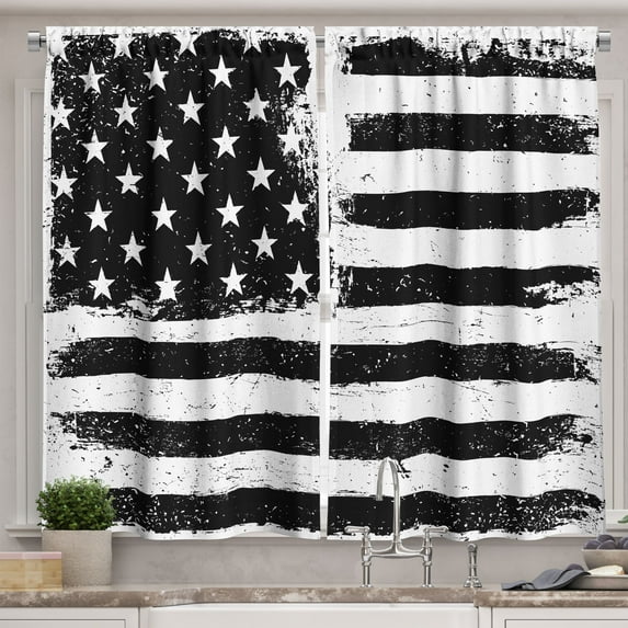 Ambesonne United States Kitchen Curtains, Black and White Flag, 55"x45", Black White