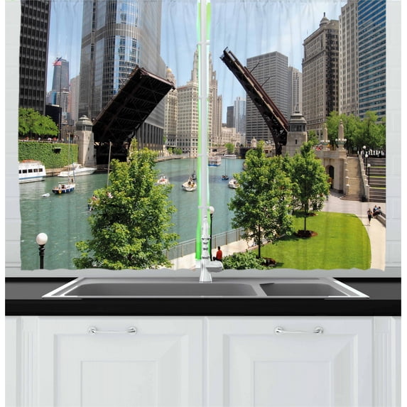 Ambesonne United States Kitchen Curtains, Downtown Chicago, 55"x39", Multicolor