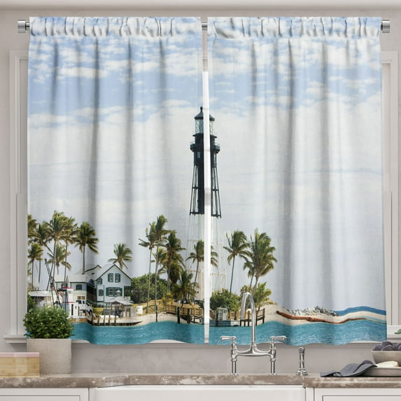 Ambesonne United States Kitchen Curtains, Lighthouse Palms, 55"x45", Blue White Green